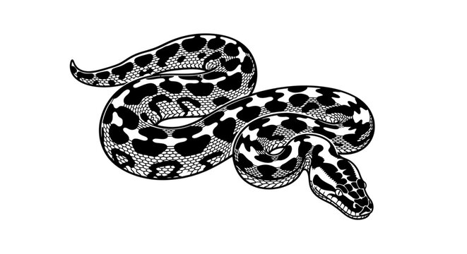High Contrast Python Snake Full Body Vector Illustration in Black and White