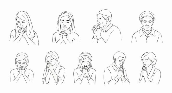 Diverse group of individuals in prayer, sketched with simple lines and a chalky texture