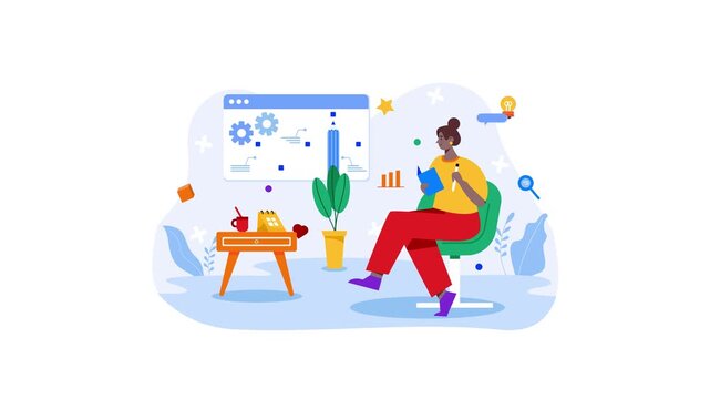 Animated creative woman designing workflow in modern flat vector workspace