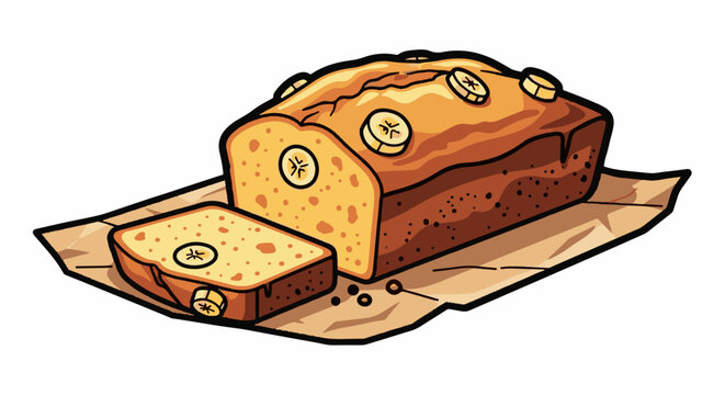 A cartoon loaf of banana bread with a slice cut off