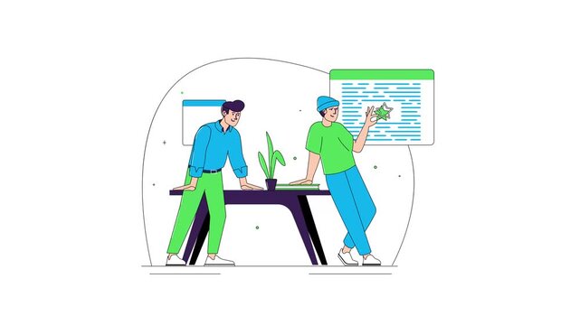 Animated two developers collaborating at desk with code and ideas illustration