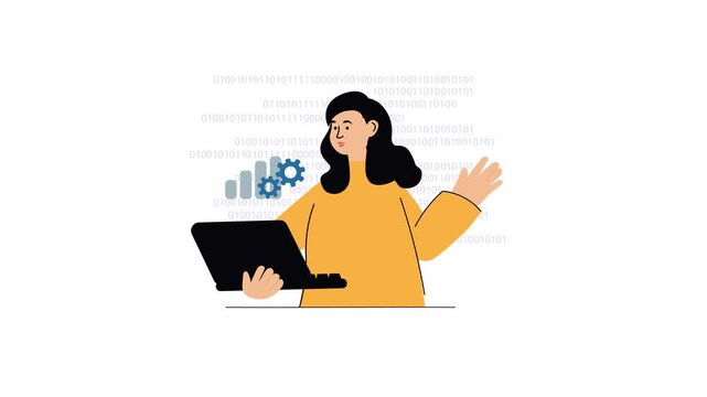Animated flat illustration of woman programmer with laptop and data code