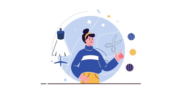 Animated fashion designer pointing beside dress form and scissors