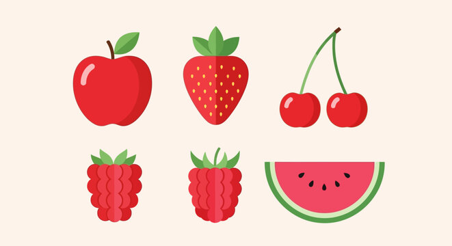 Vibrant Red Fruits Assortment: Apple, Strawberry, Cherry, Raspberry, Watermelon Slice