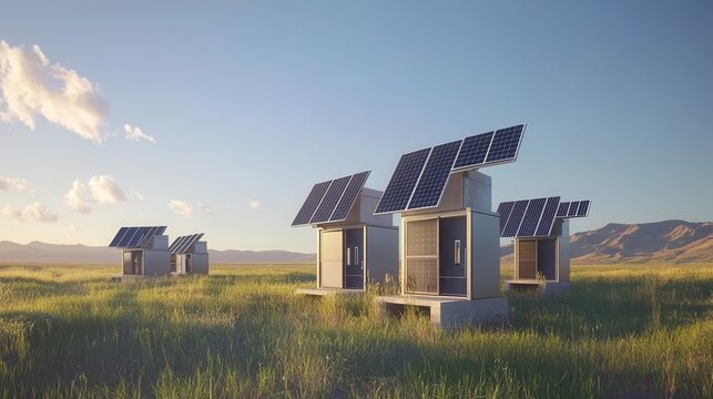 Modern solar energy installations in a rural field under a clear blue sky, representing sustainable power generation and a cleaner future.