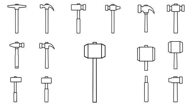 Black line drawings of various types of hammers