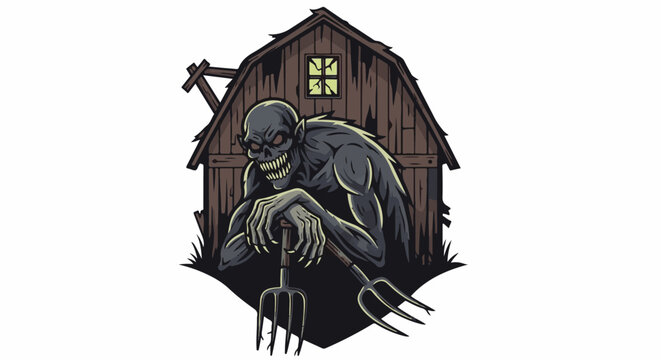 A monstrous creature with glowing eyes and sharp teeth stands in front of a dilapidated barn