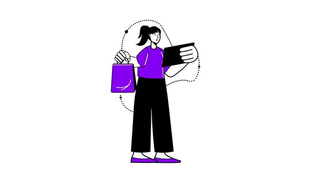 Animated woman shopping with smartphone and bag in flat vector style