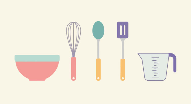 Baking Utensils Flat Design: Bowl, Whisk, Spoon, Spatula, Measuring Cup
