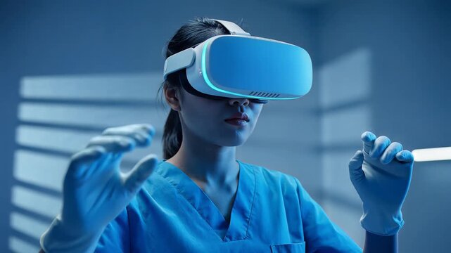 Female surgeon using virtual reality headset for medical simulation