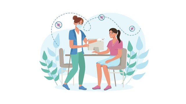Animated nurse performing nasal swab test on woman in clinic illustration