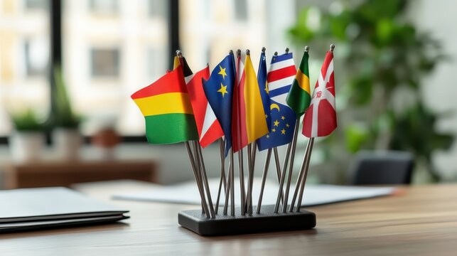 Collection of International Flags Displayed on a Desk Representing Global Affairs and Diplomacy