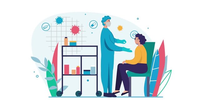 Animated doctor collecting throat swab from patient in clinic