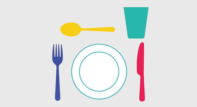 Colorful Flat Lay of Tableware: Plate, Fork, Knife, Spoon, and Glass