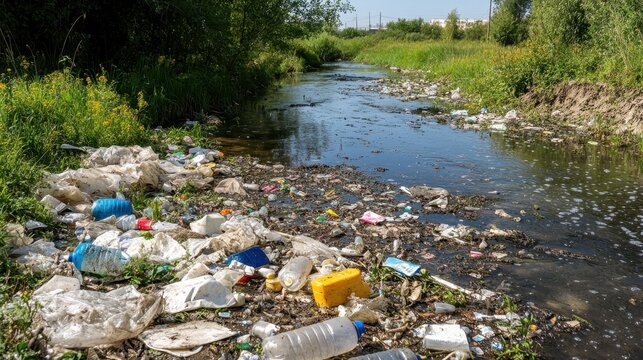 Polluted forest stream choked with garbage and plastic waste, showing environmental degradation under bright natural light.