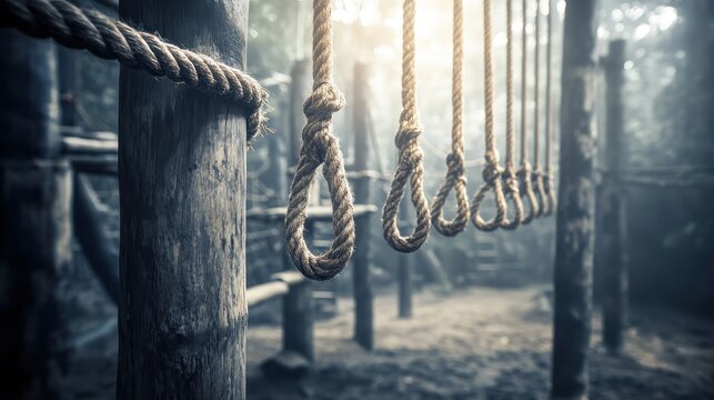 Row of thick rope nooses hanging from wooden posts in an eerie outdoor forest setting