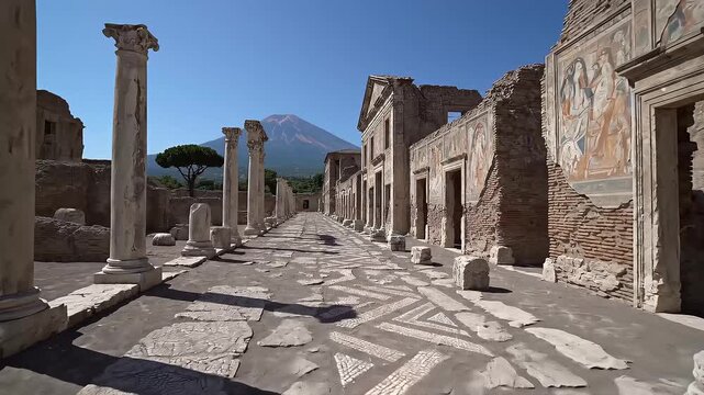 A breathtaking panorama showcasing the historical ruins of Pompeii, Italy, offering a vivid glimpse into the ancient world, framed against a brilliant blue sky.