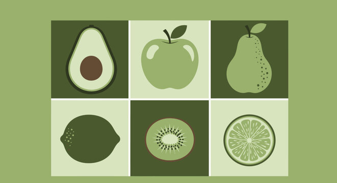 Assorted Green Fruits Collage: Avocado, Apple, Pear, Lime, Kiwi, Citrus Slice