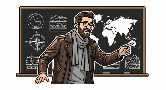 Bearded man in jacket points at world map on blackboard