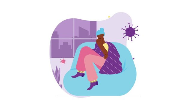 Animated sick woman resting on sofa at home during virus outbreak