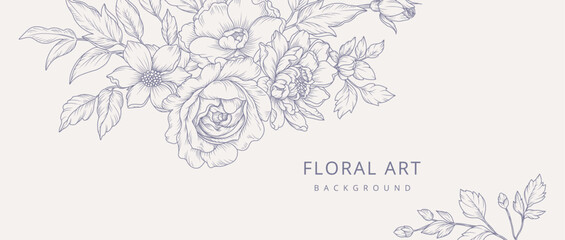 Luxury line art background with hand drawn flowers. Vector vintage design with a bouquet of flowers, branches, leaves for card, branding, wedding invitation, cover, wallpaper, save the date © Victory
