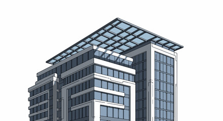 Fototapeta premium Modern glass and concrete building with a grid-like roof structure