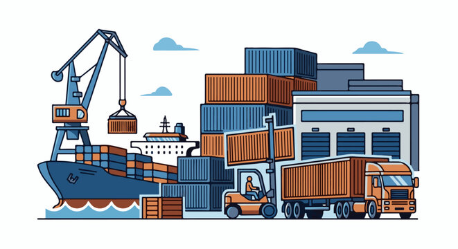 Illustration of a busy shipping port with cargo containers, cranes, and vehicles