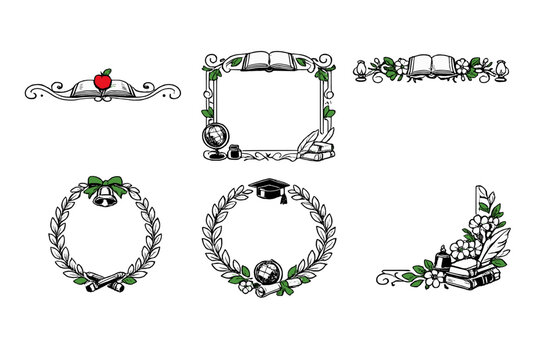 Decorative school-themed designs with books, globe, and graduation elements for educational projects