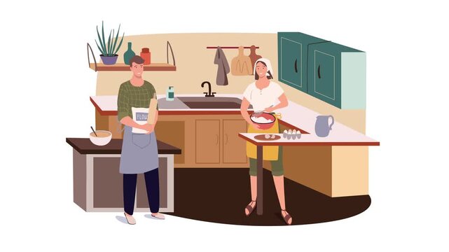 Animated couple baking together in a cozy modern home kitchen