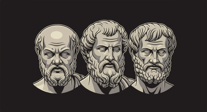 Three ancient Greek philosophers' busts on a black background