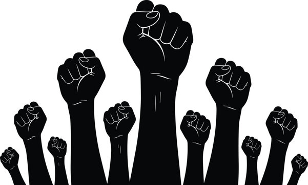 Group of Raised Fists Silhouette Representing Protest Unity Strength and Human Rights Activism for Social Justice and Equality Campaign Design
