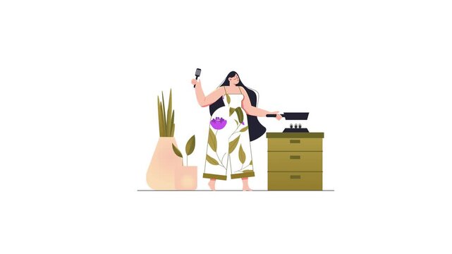 Animated woman grilling at a barbecue beside potted plants on white