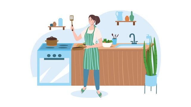 Woman cooking in modern kitchen flat illustration with apron and cookware