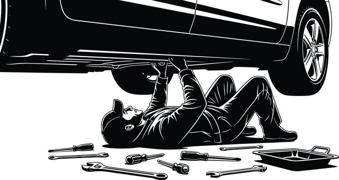 Professional Male Mechanic Lying Under a Car Repairing the Chassis with Wrenches and Screwdrivers for Automotive Service Garage Maintenance
