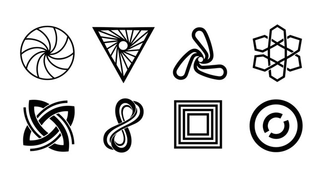 Collection of abstract geometric logos and symbols in black and white