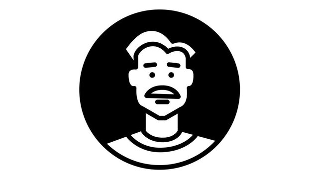 Black and white surprised male avatar icon in flat animation style