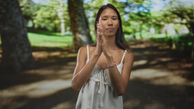 Thai woman claps hands smiling, wearing white dress in a dappled forest setting; serenity gratitude.