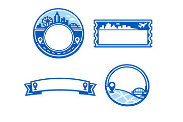 Various graphic designs showing circular and rectangular frames for city views and travel themes with blue color scheme © Artstock