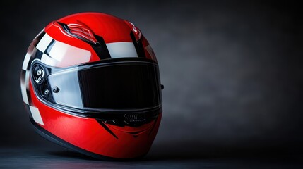 Fototapeta premium Vibrant Red Racing Motorcycle Helmet with Dark Visor displayed dramatically