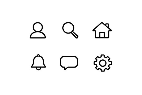 Icons representing user interface elements found in mobile applications for navigation and communication in digital spaces