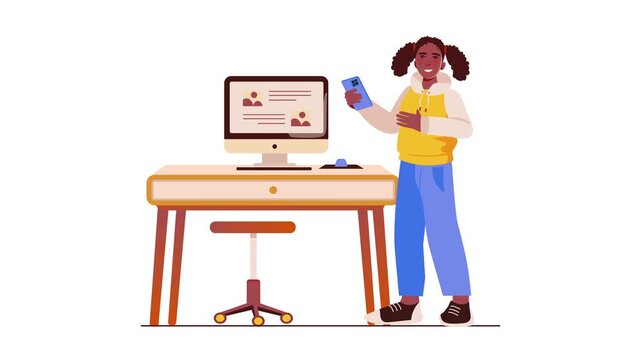 Animated flat vector illustration of young woman using smartphone at home desk