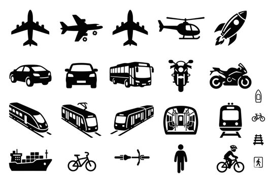 Modern Comprehensive Transportation Icon Set &ndash; Airplane, Car, Train, Ship, Rocket and Bicycle Silhouette Editable Vector 