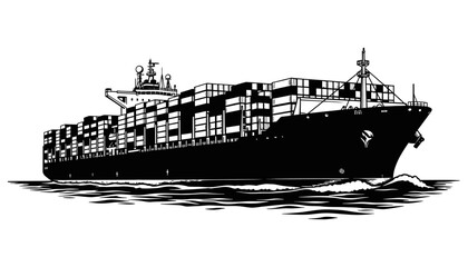 Fototapeta premium Large Container Cargo Ship Silhouette – Black and White Vector Illustration of Freight Vessel on Water