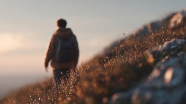 Person walking on a hill with a backpack. the person is facing away from the camera and appears to be walking towards the horizon.
