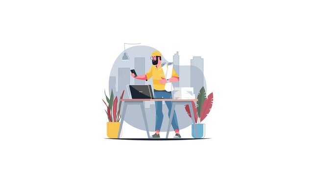 Animated construction worker checking smartphone beside laptop and blueprints