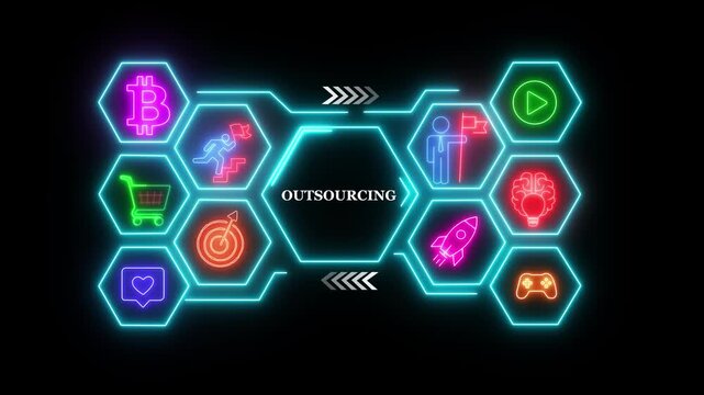 Glowing neon sign Business Outsourcing concept animated on abstract technology background with rotating world map icon. Business, white flickering dots on dark background
