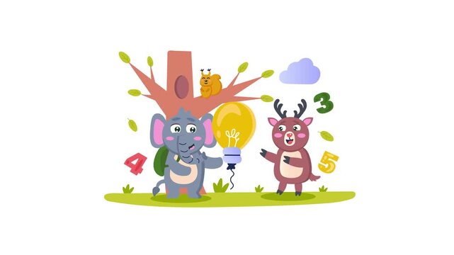 Cute forest animal animation with numbers and light bulb for kids learning