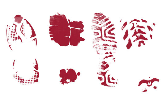 Collection of bloody footprints and shoe prints isolated on a white background for crime or horror themes.