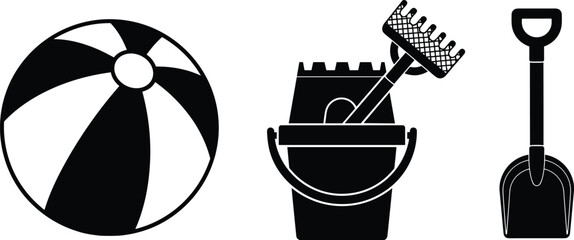 Beach toys including a striped ball, bucket with rake, and shovel vector illustration © MdMoziburRahman