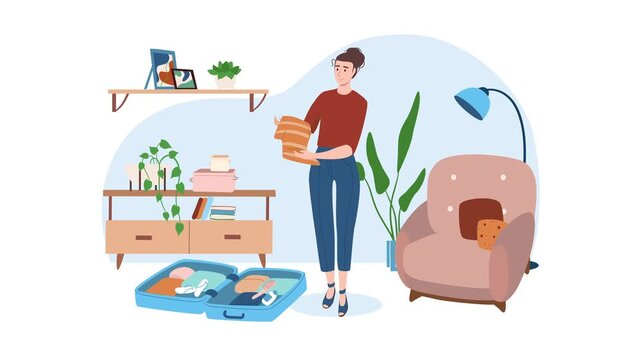Animated woman packing suitcase in cozy living room with houseplants